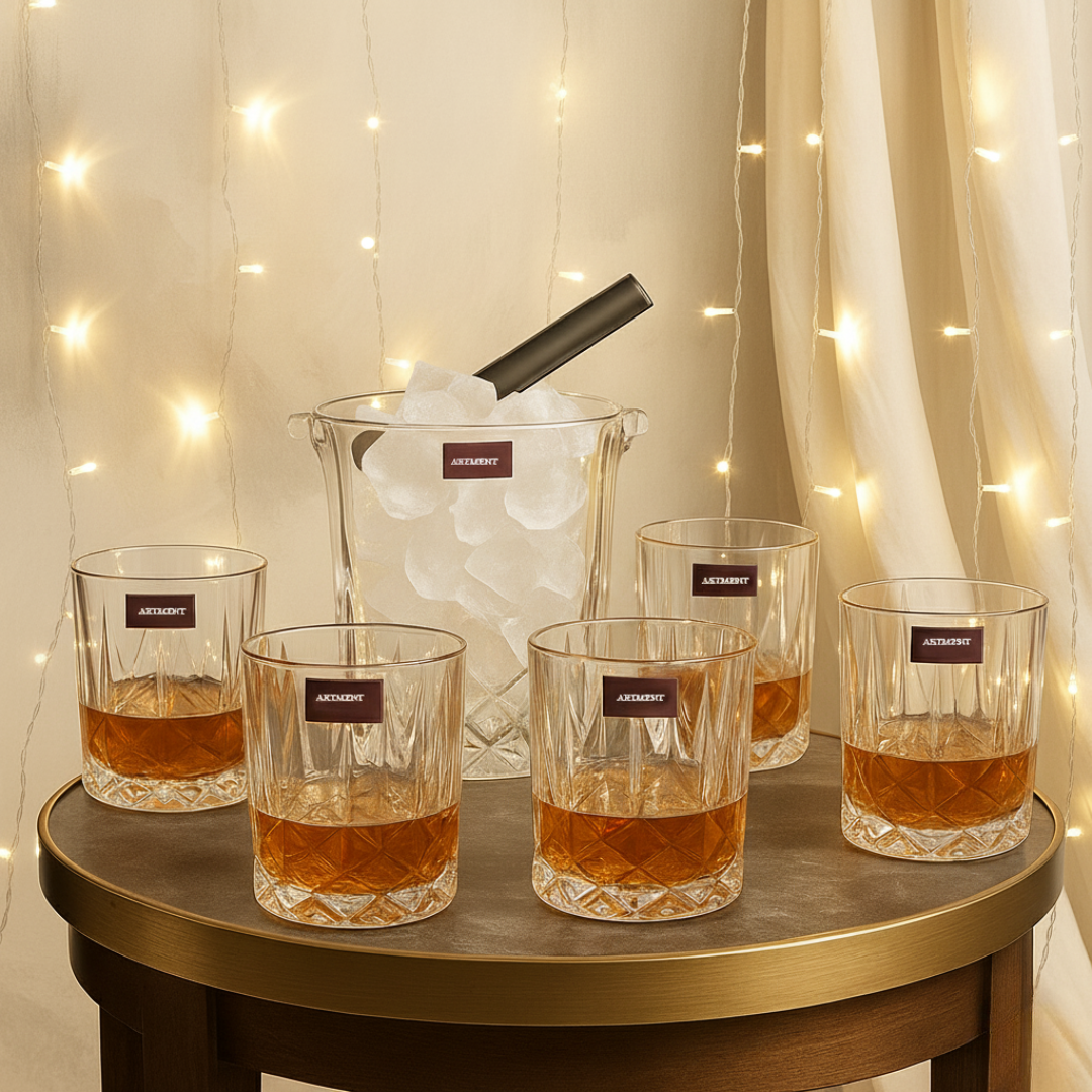 The Crystal Frost Set (1 Ice Bucket + 6 Whiskey Glasses)